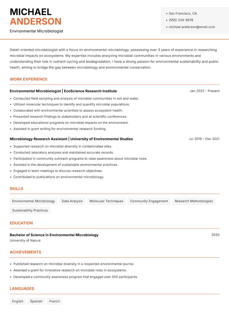 Microbiologist resume sample — Environmental Microbiologist focus