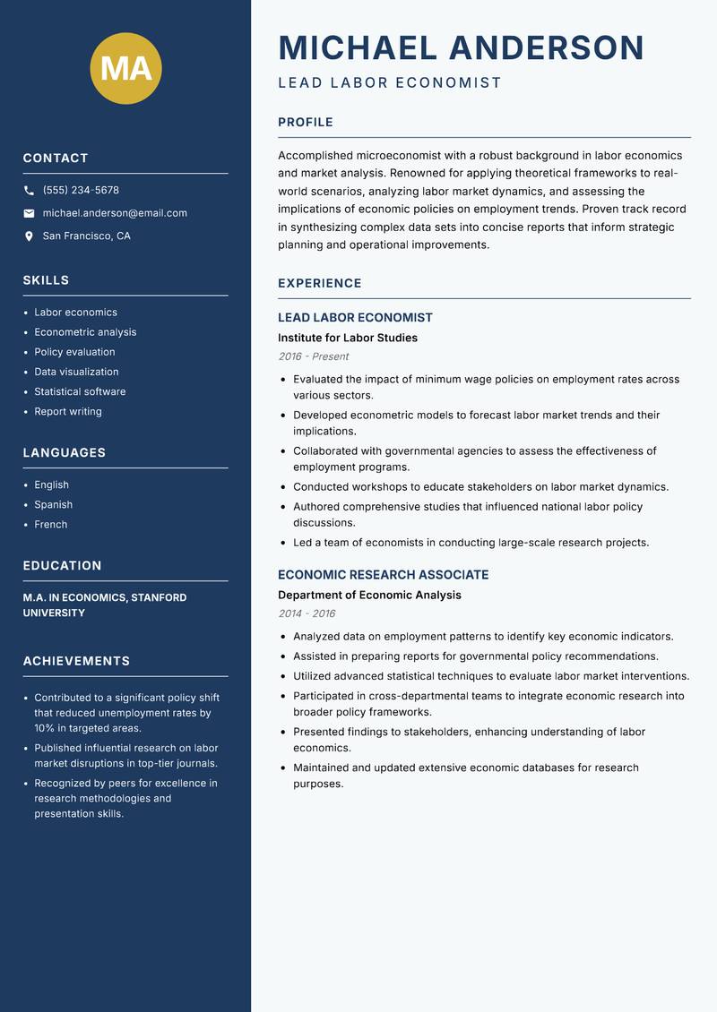 Microeconomist resume sample — Lead Labor Economist focus