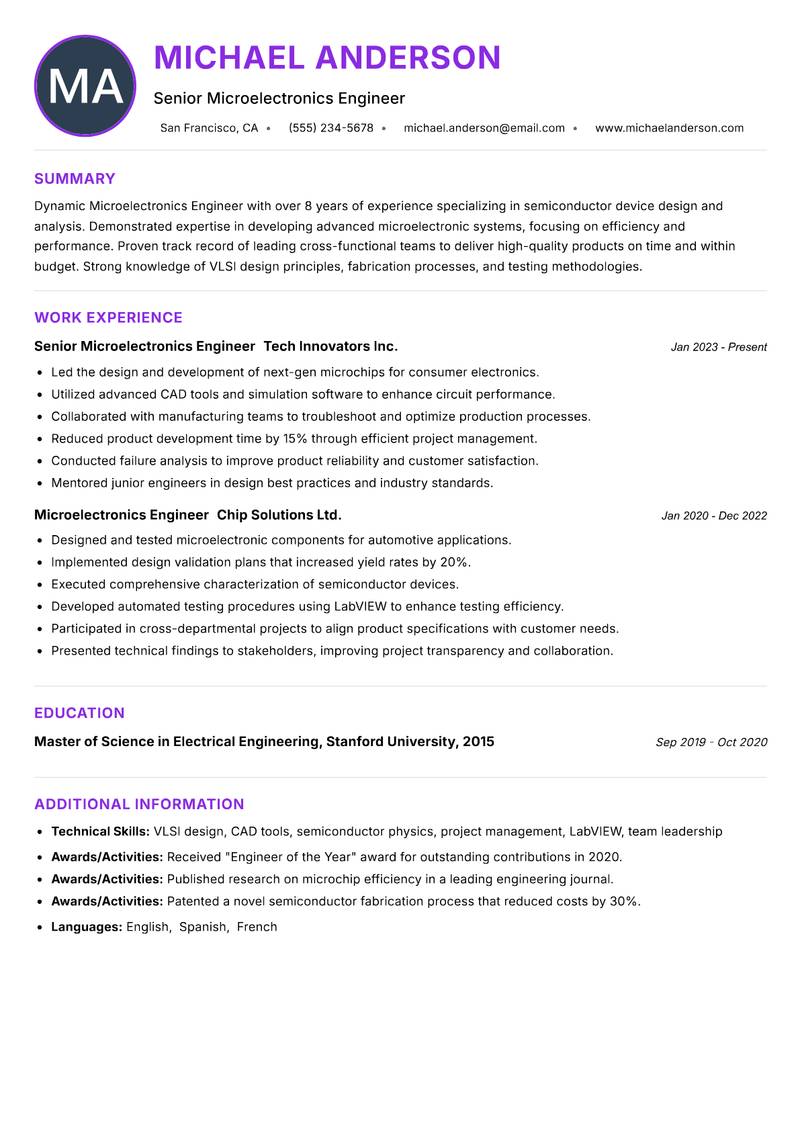 Microelectronics Engineer resume example
