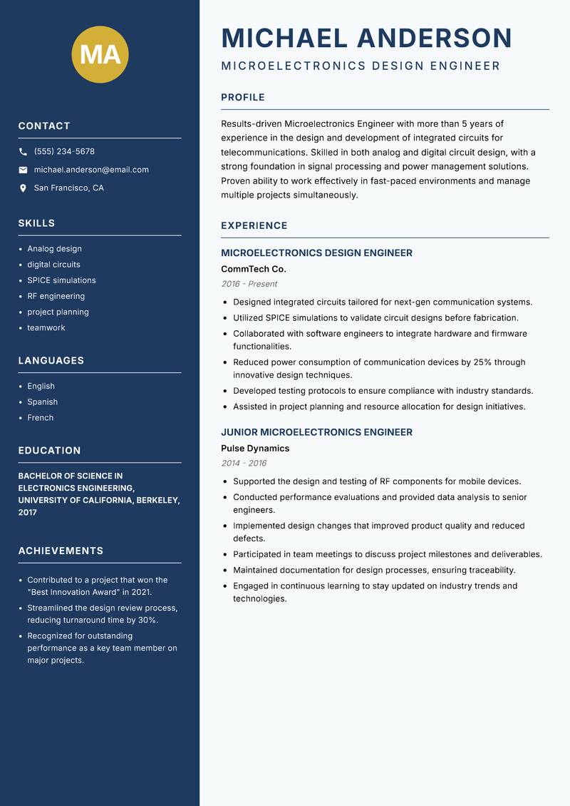 Microelectronics Engineer resume sample — Microelectronics Design Engineer focus