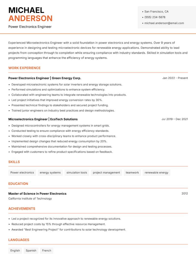 Microelectronics Engineer resume sample — Power Electronics Engineer focus