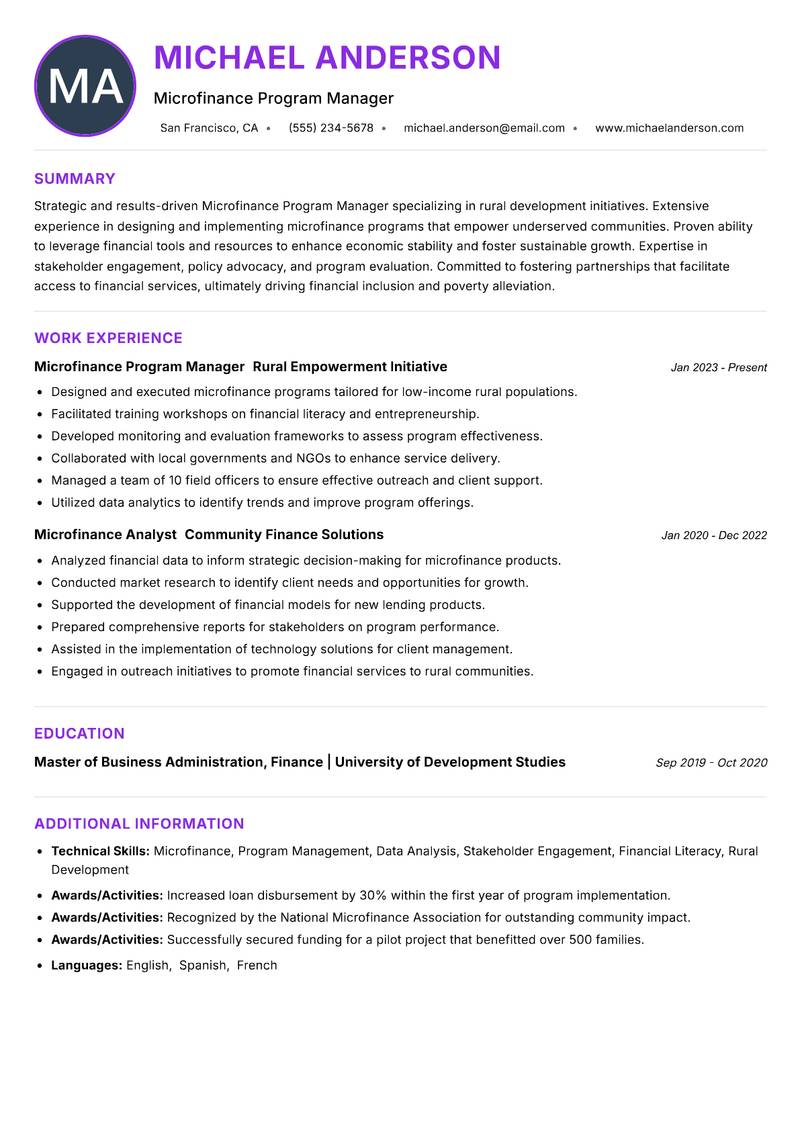 Microfinance Program Manager Rural resume example