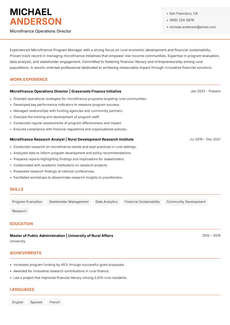 Microfinance Program Manager Rural resume sample — Microfinance Operations Director focus