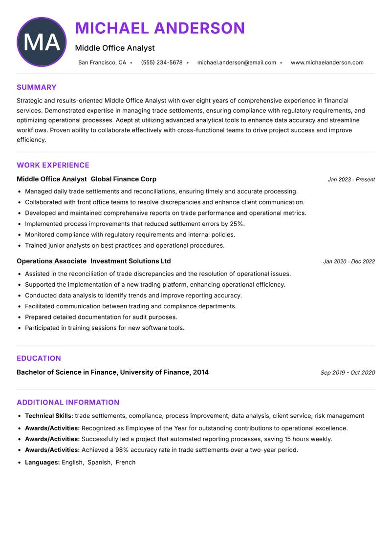 Middle Office Analyst resume example