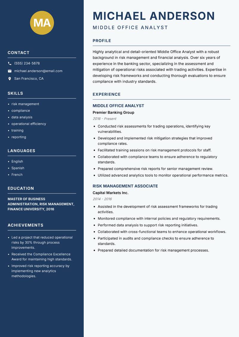 Middle Office Analyst resume sample — Middle Office Analyst focus