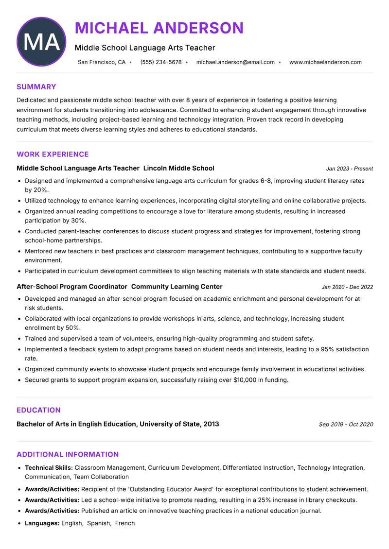Middle School Teacher resume example