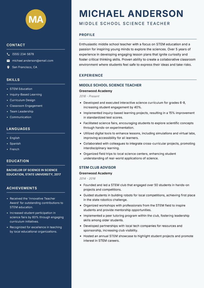 Middle School Teacher resume sample — Middle School Science Teacher focus