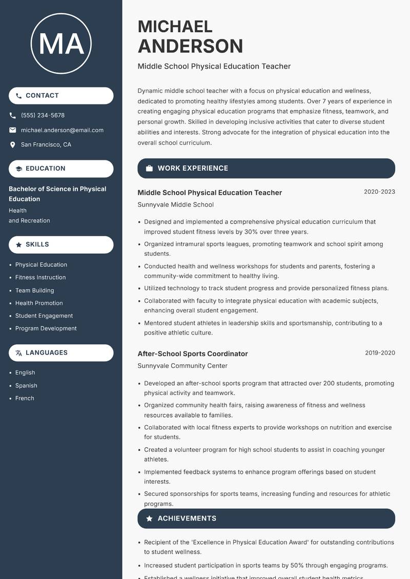 Middle School Teacher resume sample — Middle School Physical Education Teacher focus