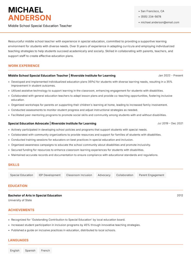 Middle School Teacher resume sample — Middle School Special Education Teacher focus