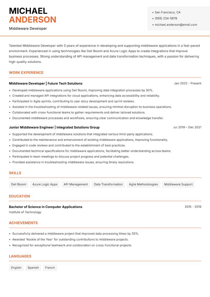 Middleware Developer resume sample — Middleware Developer focus