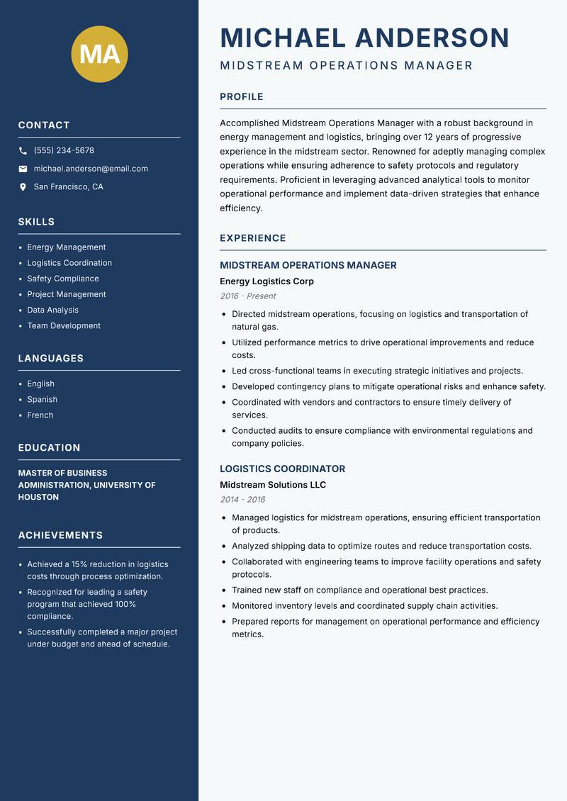 Midstream Operations Manager resume sample — Midstream Operations Manager focus