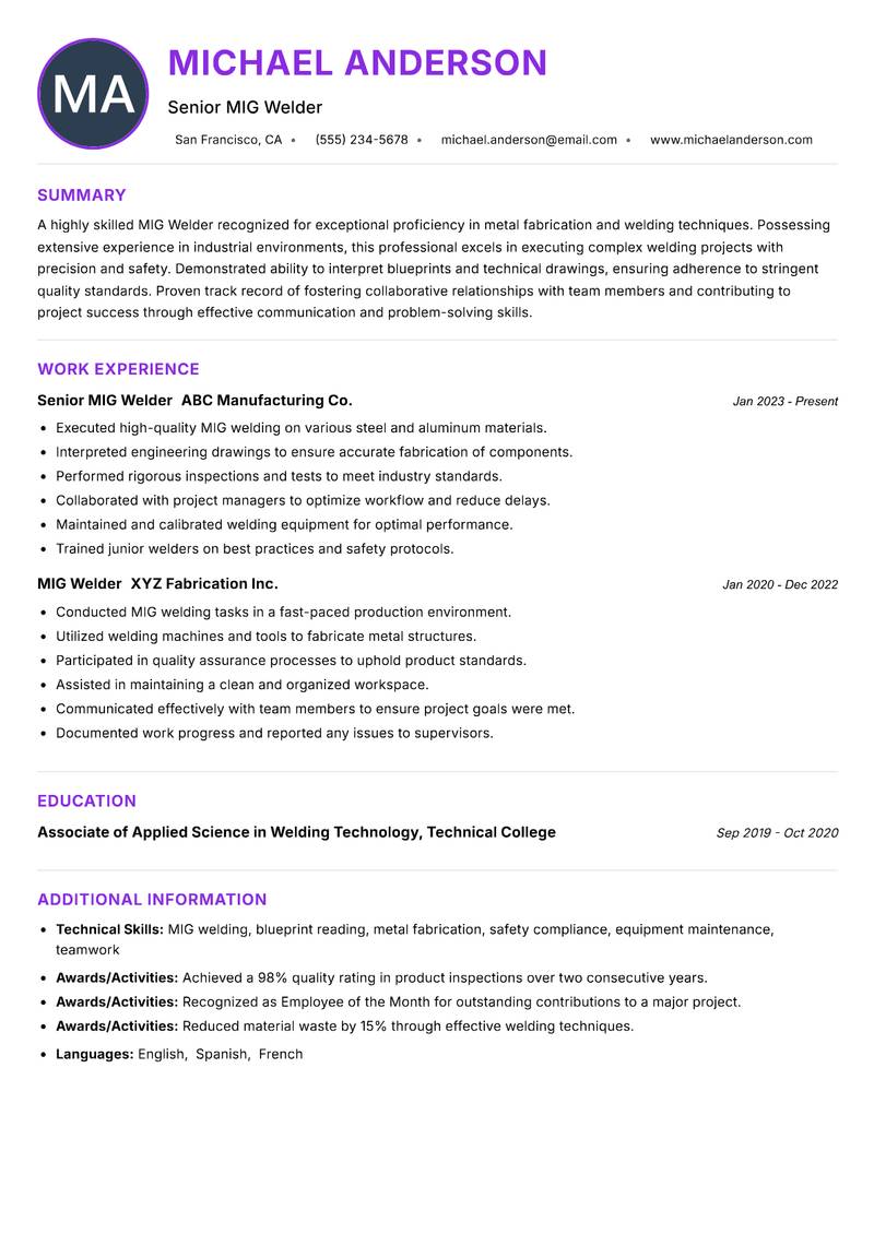 MIG Welder resume example