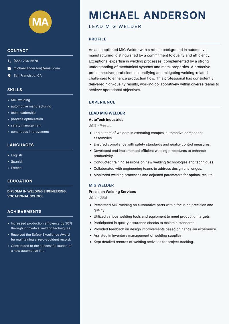 MIG Welder resume sample — Lead MIG Welder focus