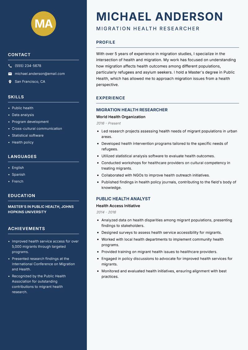 Migration Studies Researcher resume sample — Migration Health Researcher focus