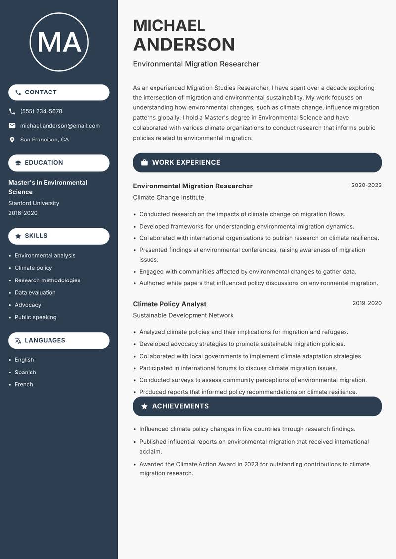 Migration Studies Researcher resume sample — Environmental Migration Researcher focus