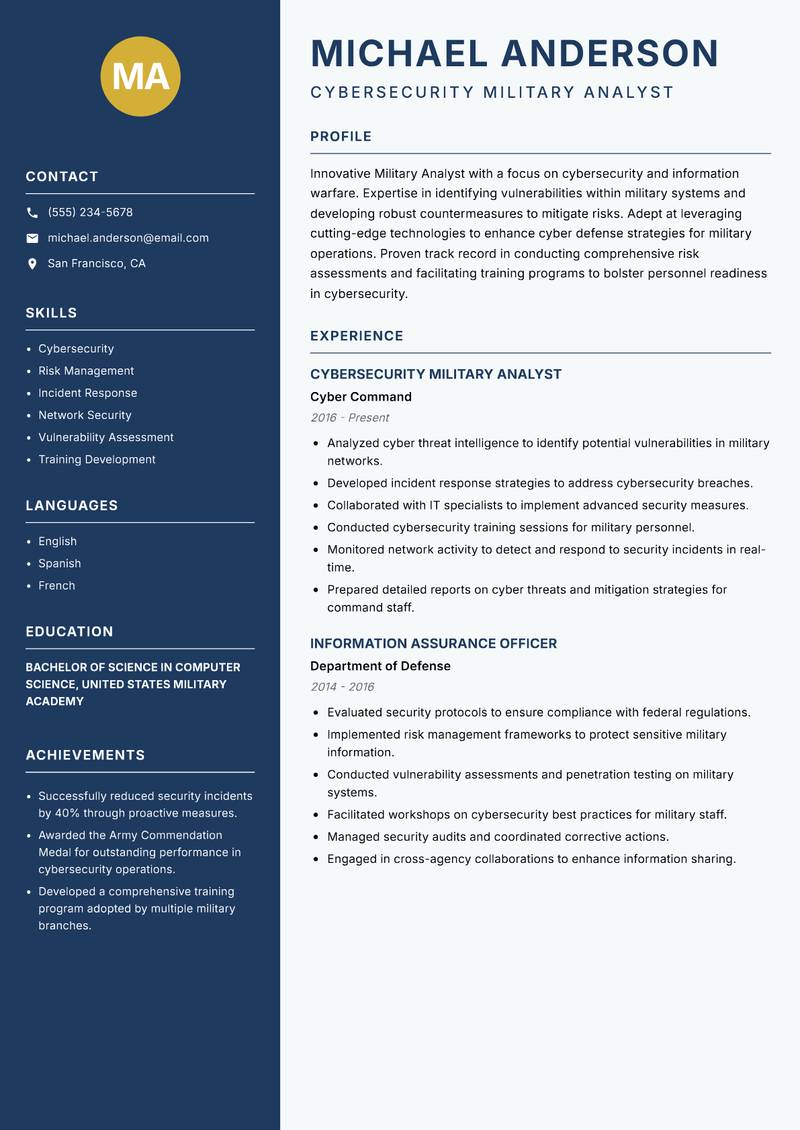 Military Analyst resume sample — Cybersecurity Military Analyst focus