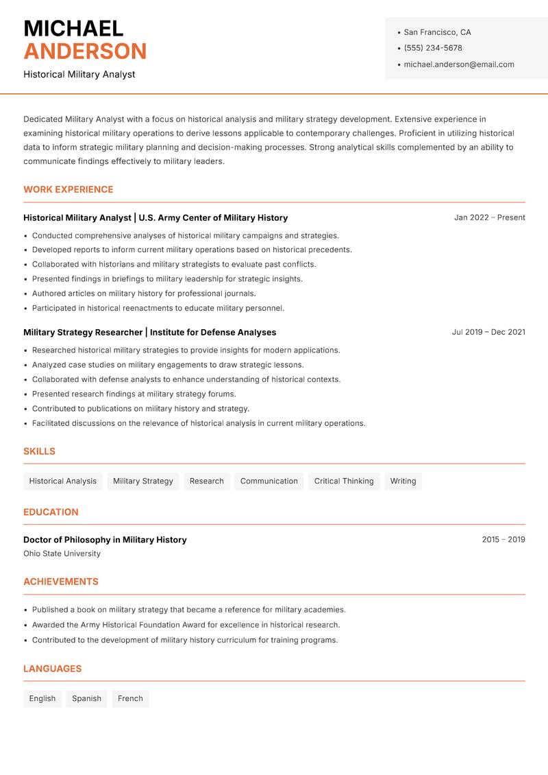 Military Analyst resume sample — Historical Military Analyst focus