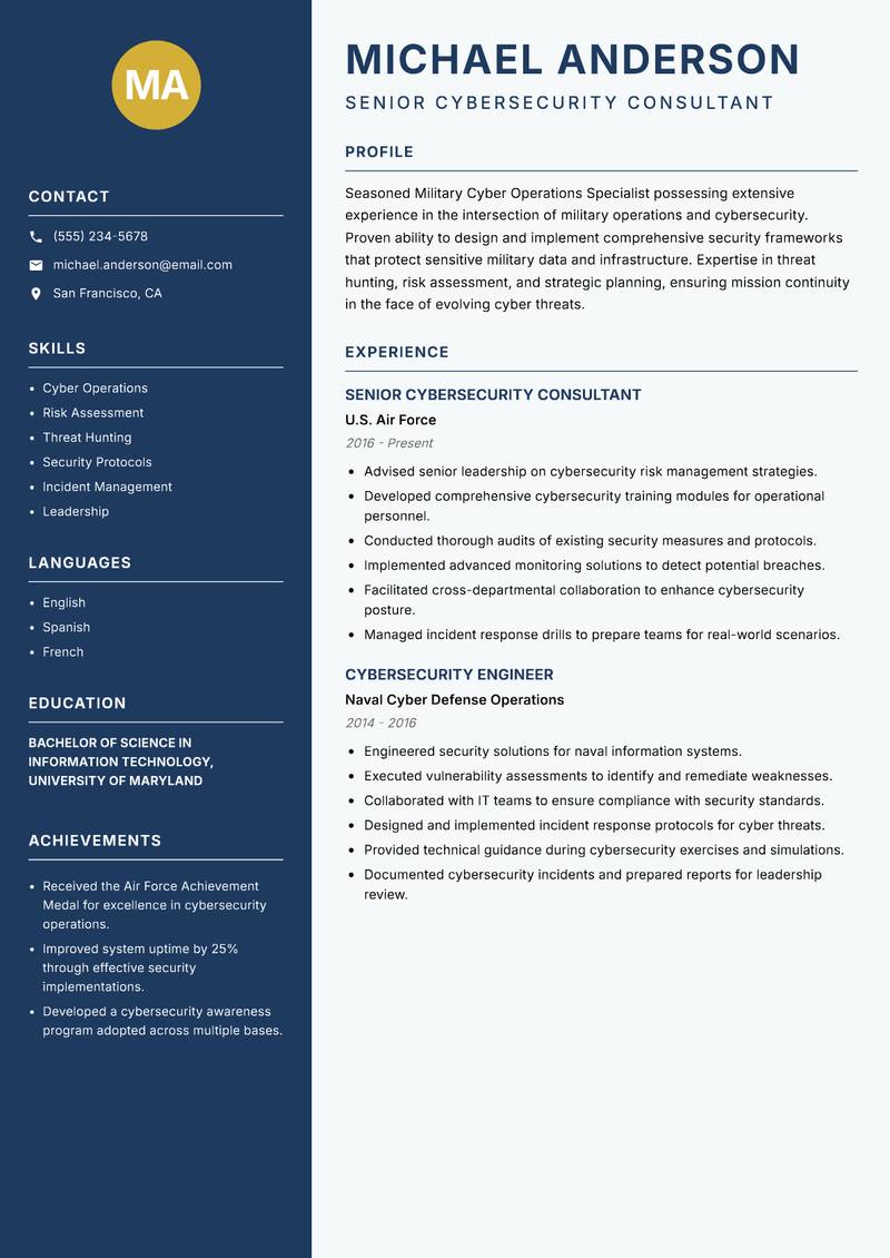 Military Cyber Operations Specialist resume sample — Senior Cybersecurity Consultant focus