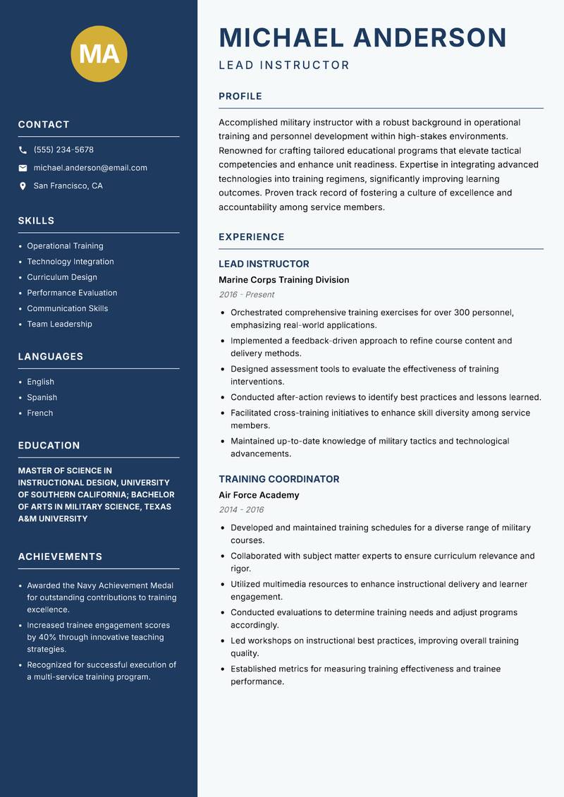 Military Instructor resume sample — Lead Instructor focus