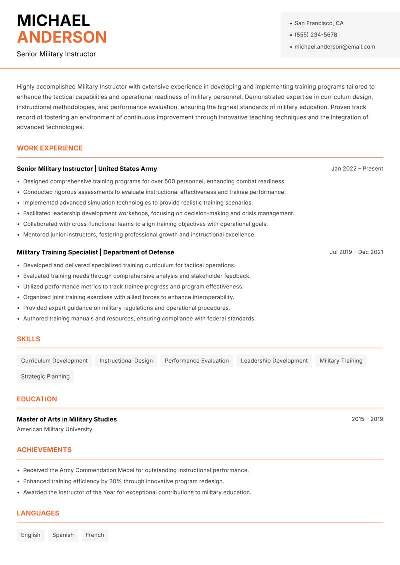 Military Instructor resume sample — Senior Military Instructor focus