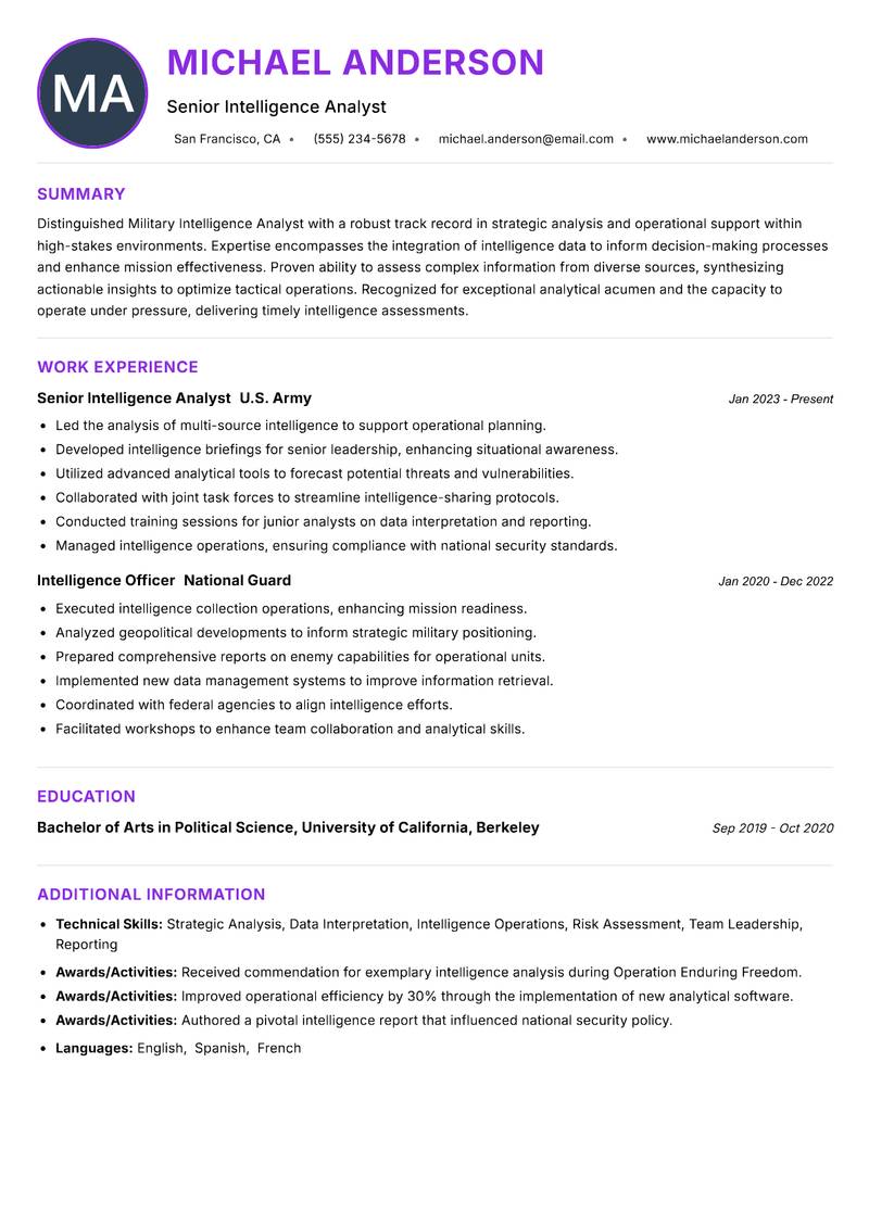 Military Intelligence Analyst resume example