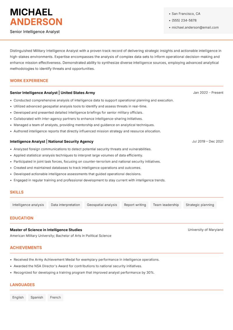 Military Intelligence Analyst resume sample — Senior Intelligence Analyst focus