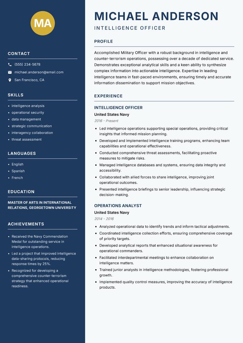 Military Officer resume sample — Intelligence Officer focus
