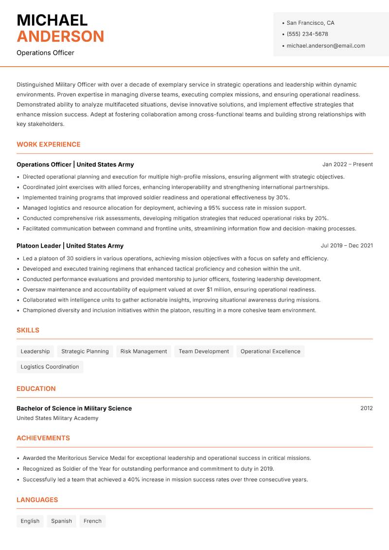 Military Officer resume sample — Operations Officer focus