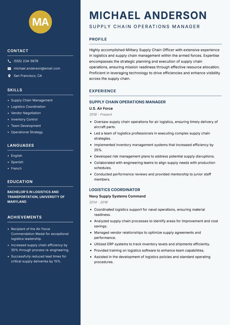 Military Supply Chain Officer resume sample — Supply Chain Operations Manager focus