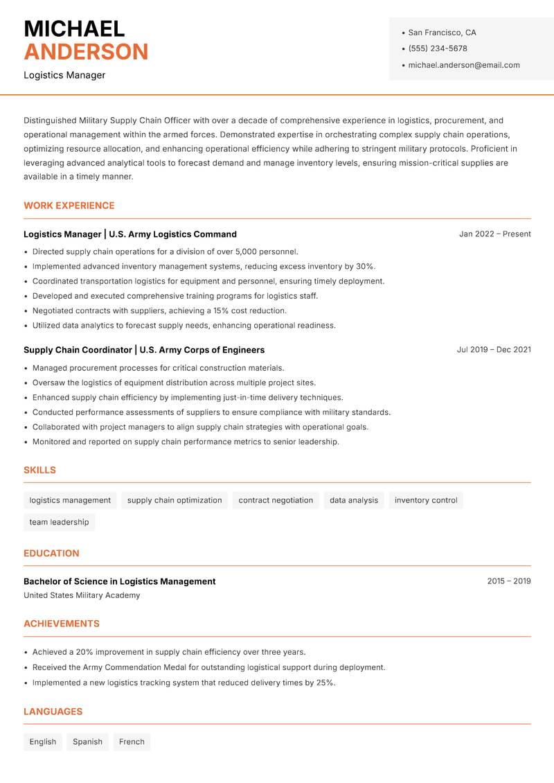 Military Supply Chain Officer resume sample — Logistics Manager focus