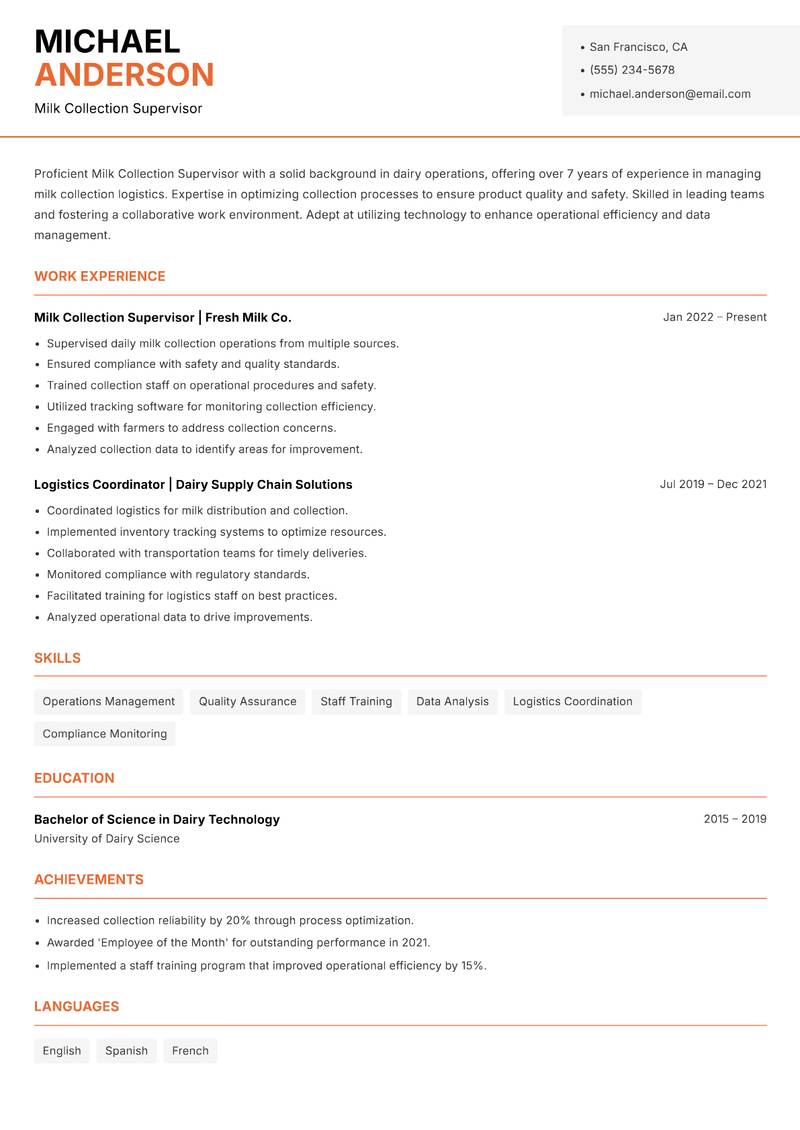 Milk Collection Supervisor resume sample — Milk Collection Supervisor focus