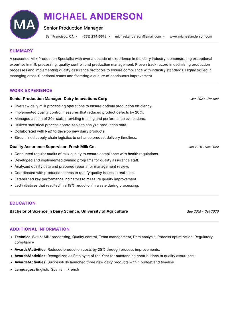 Milk Production Specialist resume example