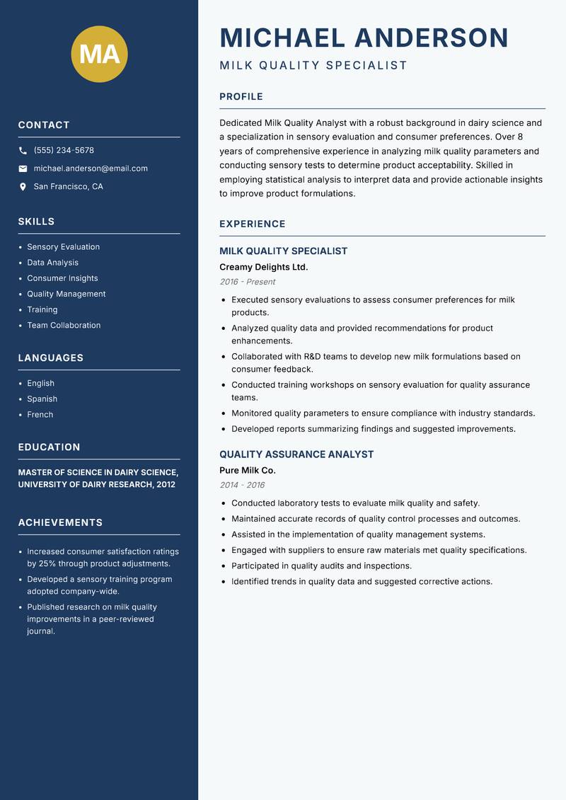 Milk Quality Analyst resume sample — Milk Quality Specialist focus