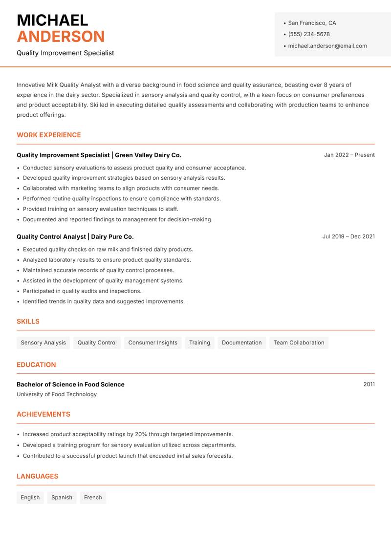 Milk Quality Analyst resume sample — Quality Improvement Specialist focus