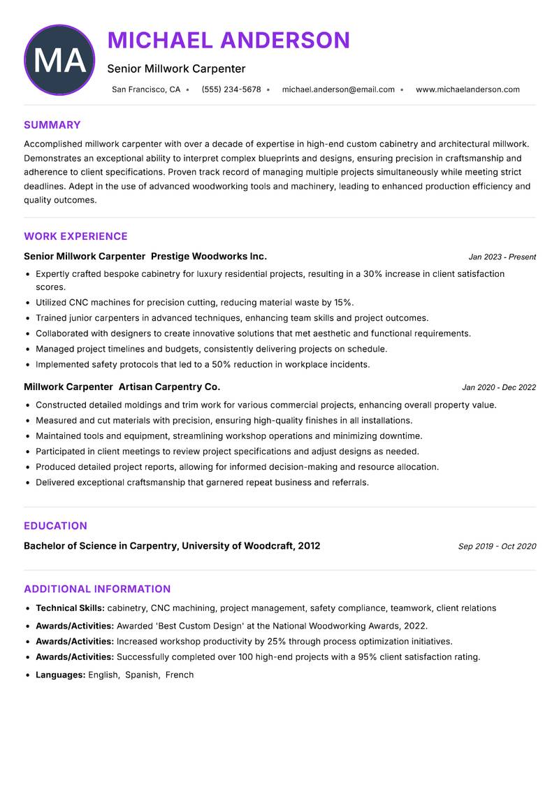 Millwork Carpenter resume example