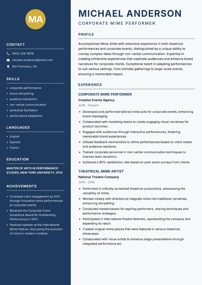 Mime Artist resume sample — Corporate Mime Performer focus