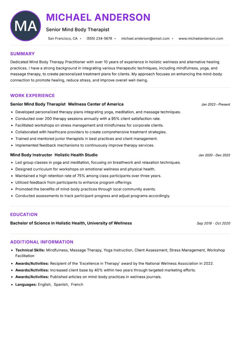 Mind Body Therapy Practitioner resume example