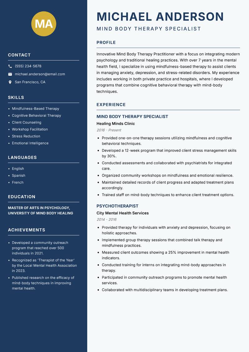 Mind Body Therapy Practitioner resume sample — Mind Body Therapy Specialist focus
