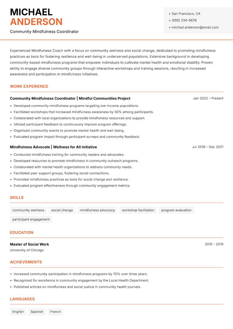 Mindfulness Coach resume sample — Community Mindfulness Coordinator focus