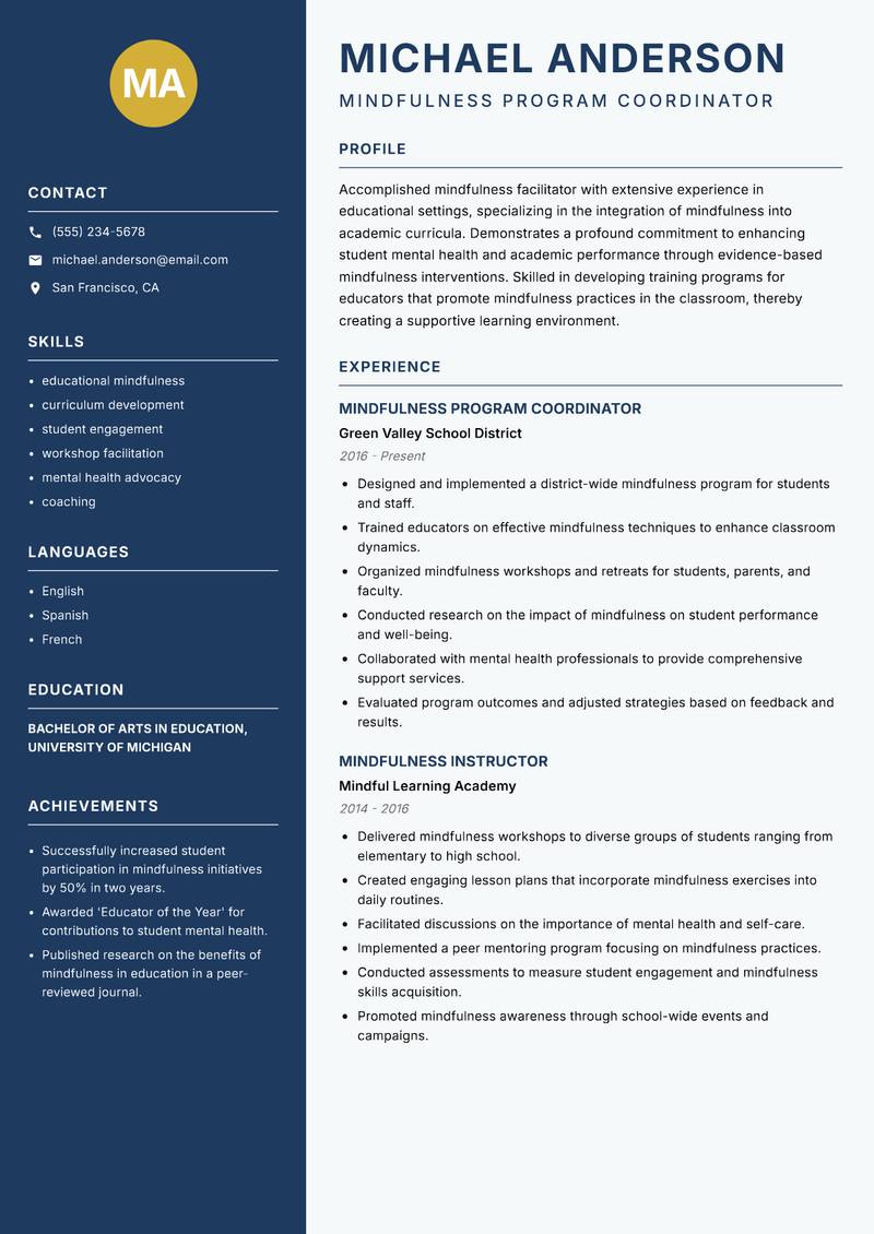 Mindfulness Facilitator resume sample — Mindfulness Program Coordinator focus