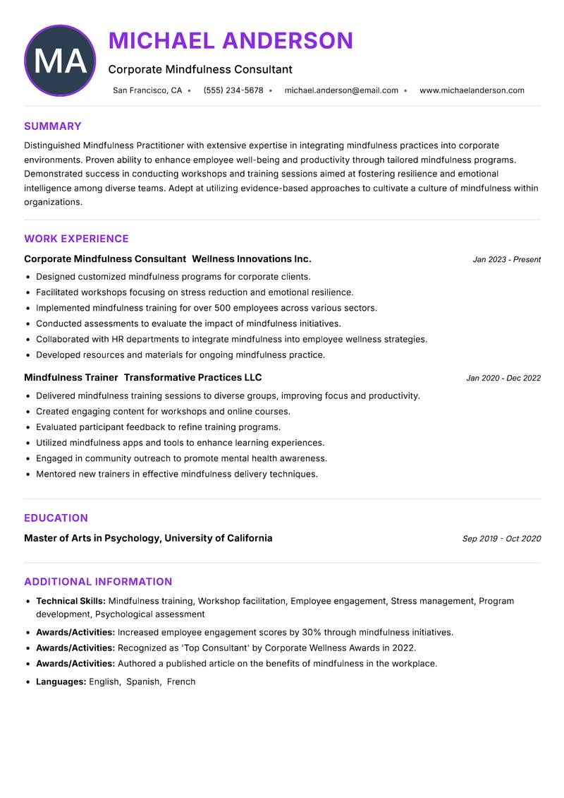 Mindfulness Practitioner resume example
