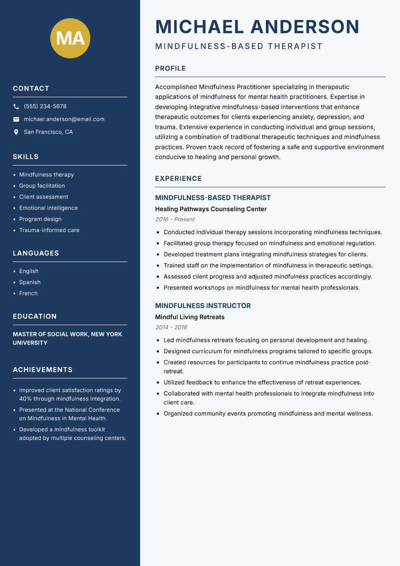 Mindfulness Practitioner resume sample — Mindfulness-Based Therapist focus
