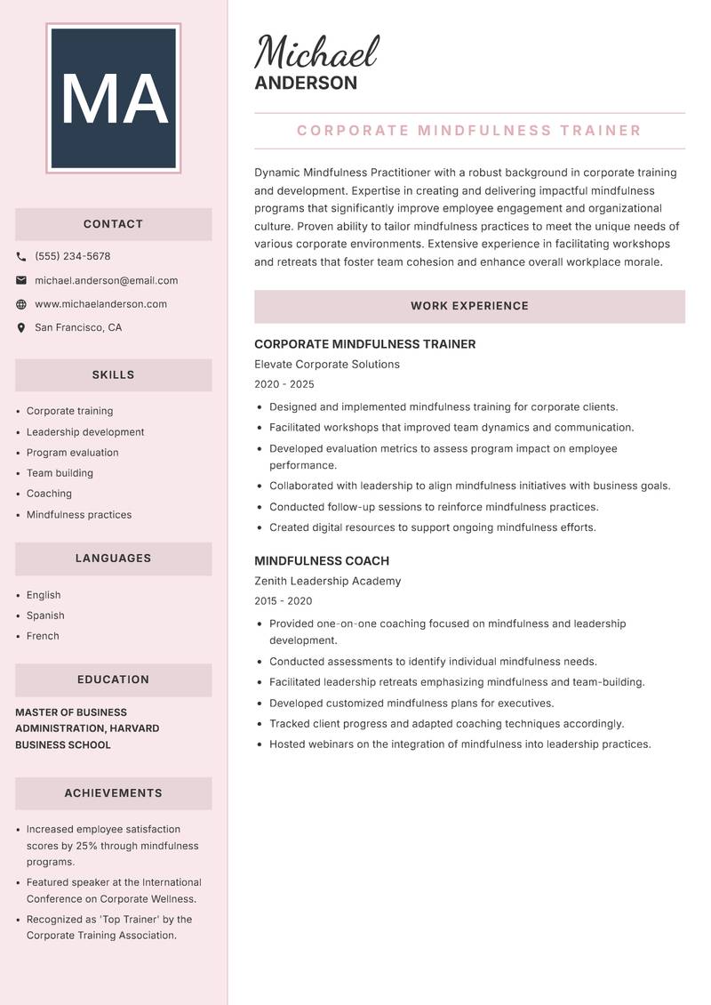 Mindfulness Practitioner resume sample — Corporate Mindfulness Trainer focus