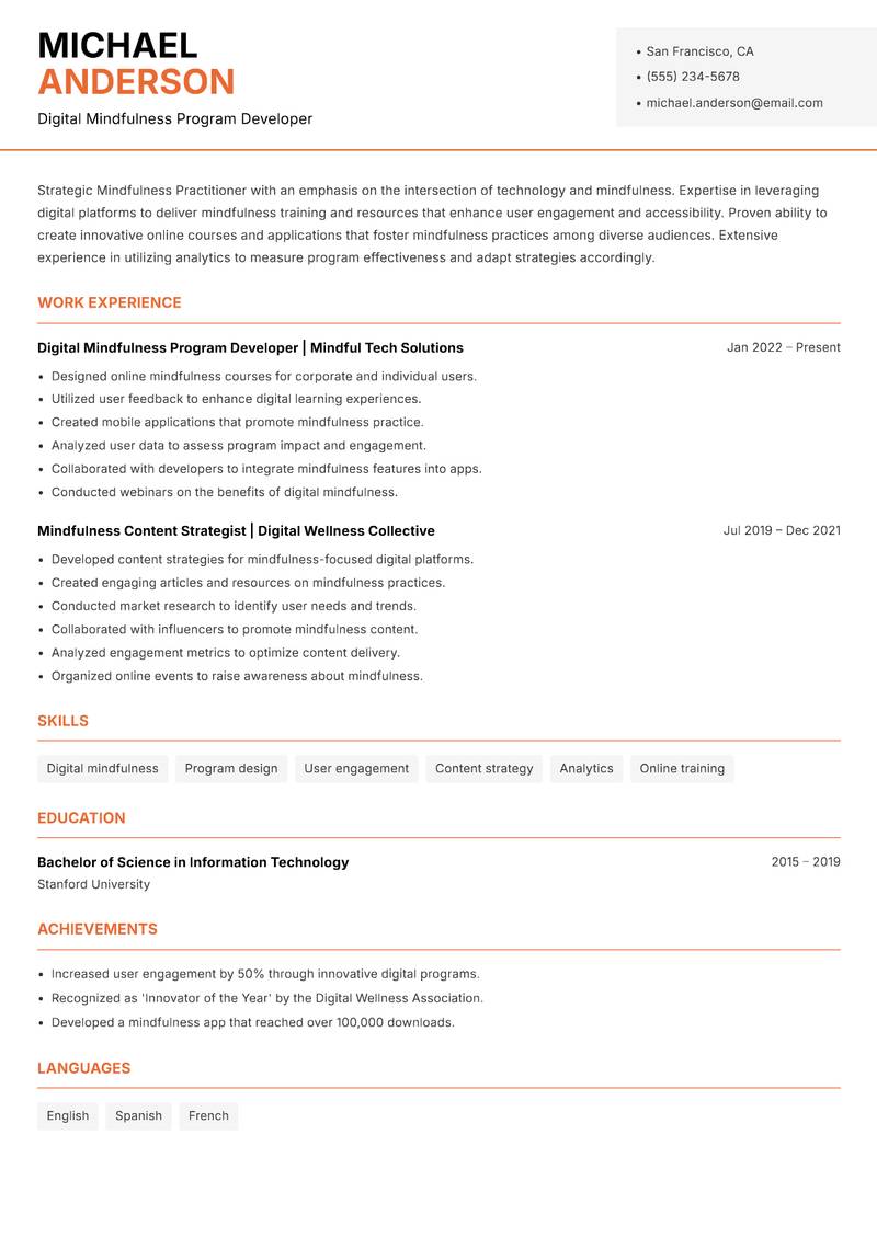 Mindfulness Practitioner resume sample — Digital Mindfulness Program Developer focus