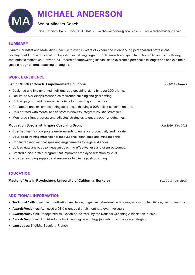 Mindset and Motivation Coach resume example