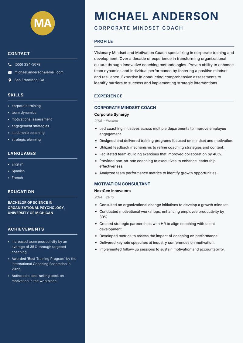 Mindset and Motivation Coach resume sample — Corporate Mindset Coach focus
