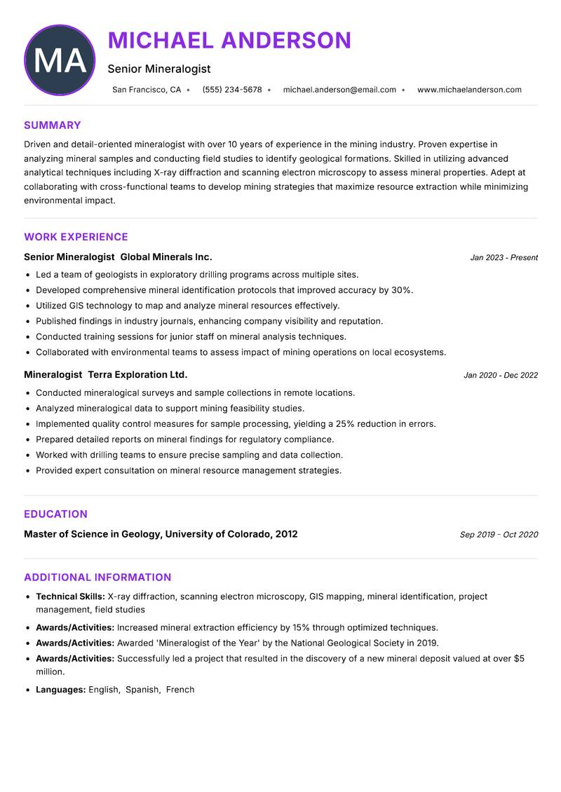 Mineralogist resume example