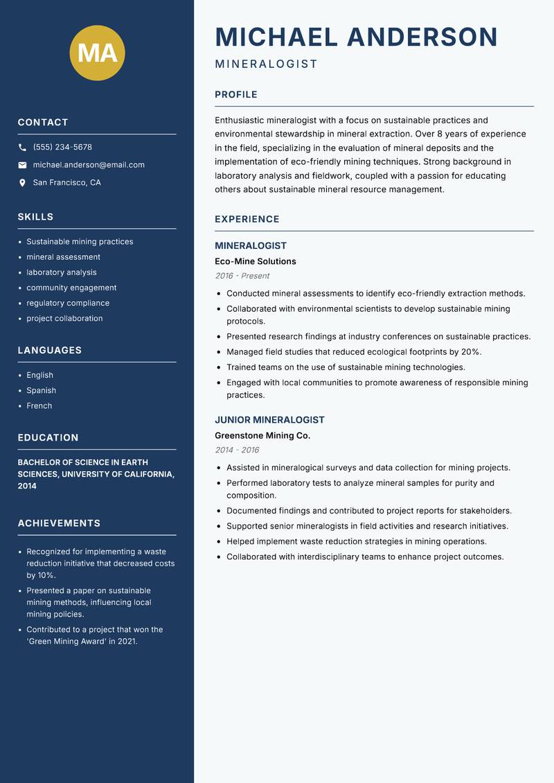 Mineralogist resume sample — Mineralogist focus