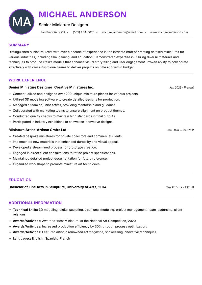 Miniature Artist resume example