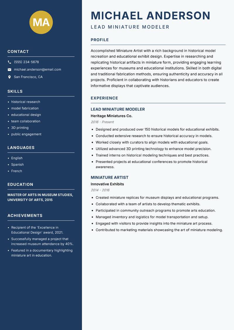Miniature Artist resume sample — Lead Miniature Modeler focus